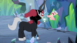 Size: 1366x768 | Tagged: safe, screencap, character:cozy glow, character:lord tirek, species:alicorn, species:centaur, species:pony, episode:the ending of the end, g4, my little pony: friendship is magic, alicornified, angry, bell, bracer, clenched fist, cloven hooves, colored hooves, cozycorn, cute eyes, faec, flying, frown, grogar's bell, male, nose piercing, nose ring, piercing, race swap, upset