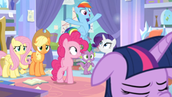 Size: 1366x768 | Tagged: safe, screencap, character:applejack, character:fluttershy, character:pinkie pie, character:rainbow dash, character:rarity, character:spike, character:twilight sparkle, character:twilight sparkle (alicorn), species:alicorn, species:dragon, species:pony, episode:the ending of the end, g4, my little pony: friendship is magic, book, carpet, curtains, flying, mane six, notes, window, winged spike