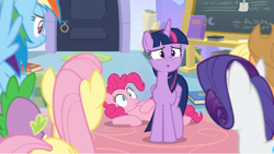 Size: 1366x770 | Tagged: safe, screencap, character:fluttershy, character:pinkie pie, character:rainbow dash, character:rarity, character:spike, character:twilight sparkle, character:twilight sparkle (alicorn), species:alicorn, species:pony, episode:the ending of the end, g4, my little pony: friendship is magic, book, carpet, chalk, chalkboard, door, lying down, roll, rug, worried