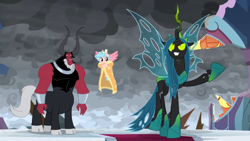 Size: 1366x768 | Tagged: safe, screencap, character:cozy glow, character:lord tirek, character:queen chrysalis, species:alicorn, species:centaur, species:changeling, species:pony, episode:the ending of the end, g4, my little pony: friendship is magic, alicornified, blanket, bow, bracer, broken, changeling queen, cloud, cloudy, cloven hooves, cold, cozycorn, dark clouds, female, filly, flying, hair bow, male, nose piercing, nose ring, piercing, race swap, shattered, stained glass, trio, unamused