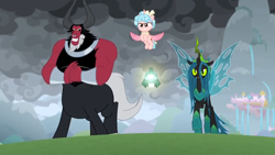 Size: 1366x768 | Tagged: safe, screencap, character:cozy glow, character:lord tirek, character:queen chrysalis, species:alicorn, species:pony, episode:the ending of the end, g4, my little pony: friendship is magic, alicornified, bracer, cloud, cloudy, cozycorn, dark, dark clouds, fist, flying, grogar's bell, levitation, magic, nose piercing, nose ring, outdoors, piercing, race swap, ready to fight, telekinesis