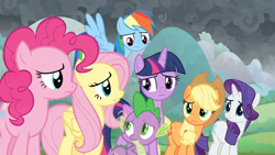 Size: 1366x768 | Tagged: safe, screencap, character:applejack, character:fluttershy, character:pinkie pie, character:rainbow dash, character:rarity, character:spike, character:twilight sparkle, character:twilight sparkle (alicorn), species:alicorn, species:pony, episode:the ending of the end, g4, my little pony: friendship is magic, cloud, cloudy, dark clouds, mane six, mountain