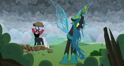Size: 1366x724 | Tagged: safe, screencap, character:cozy glow, character:lord tirek, character:queen chrysalis, episode:the ending of the end, g4, my little pony: friendship is magic, boulder, bracer, bush, cloud, cloudy, crater, dark, dark clouds, lifting, nose piercing, nose ring, piercing, searching, tree