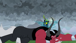Size: 1366x768 | Tagged: safe, screencap, character:lord tirek, character:queen chrysalis, species:centaur, episode:the ending of the end, g4, my little pony: friendship is magic, angry, bell, bracer, chipped tooth, cloud, cloudy, cloven hooves, colored hooves, dark clouds, grogar's bell, injured, knock out, male, nose piercing, nose ring, piercing, teeth, tooth