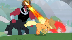 Size: 1368x768 | Tagged: safe, screencap, character:applejack, character:lord tirek, species:centaur, episode:the ending of the end, g4, my little pony: friendship is magic, angry, blast, bracer, chase, clothing, cloven hooves, colored hooves, cowboy hat, eyes closed, galloping, hat, lasso, magic, magic beam, magic blast, male, mouth hold, nose piercing, nose ring, piercing, rope