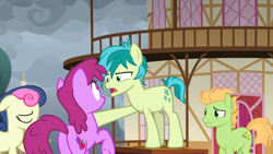 Size: 1366x768 | Tagged: safe, screencap, character:berry punch, character:berryshine, character:bon bon, character:sandbar, character:sweetie drops, species:pony, episode:the ending of the end, g4, my little pony: friendship is magic, cloud, cloudy, hoof on chest, ponyville, soapbox, town hall
