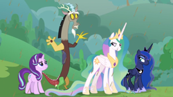 Size: 1366x768 | Tagged: safe, screencap, character:discord, character:princess celestia, character:princess luna, character:starlight glimmer, episode:the ending of the end, g4, my little pony: friendship is magic, chocolate, chocolate rain, crown, crown safe, food, jewelry, looking back, peytral, rain, regalia, stare, surrender