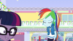 Size: 1920x1080 | Tagged: safe, screencap, character:rainbow dash, character:twilight sparkle, character:twilight sparkle (scitwi), species:eqg human, equestria girls:holidays unwrapped, g4, my little pony:equestria girls, animated, creeped out, creepy, creepy smile, geode of super speed, geode of telekinesis, glasses, leaning forward, looking around, looking at someone, magical geodes, out of context, shopping mall, shrunken pupils, sitting, smiling, sound, talking, twilight snapple, twilighting, webm