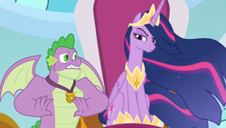 Size: 1366x768 | Tagged: safe, screencap, character:spike, character:twilight sparkle, character:twilight sparkle (alicorn), species:alicorn, species:dragon, species:pony, episode:the last problem, g4, my little pony: friendship is magic, gigachad spike, medallion, older, older spike, older twilight, princess twilight 2.0, raised claw, stare, throne, unamused, winged spike