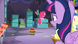 Size: 1366x768 | Tagged: safe, screencap, character:pinkie pie, character:twilight sparkle, character:twilight sparkle (alicorn), species:alicorn, species:earth pony, species:pony, episode:the last problem, g4, my little pony: friendship is magic, cabinet, cake, cherry, filing cabinet, food, party cave, roll, sad