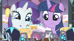 Size: 1366x768 | Tagged: safe, screencap, character:rarity, character:twilight sparkle, character:twilight sparkle (alicorn), species:alicorn, species:pony, episode:the last problem, g4, my little pony: friendship is magic, bow, ceiling light, glass, miniature, sewing, sewing machine, silk, spider, star spider, thread, up close