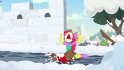 Size: 1920x1080 | Tagged: safe, screencap, character:apple bloom, character:winona, equestria girls:holidays unwrapped, g4, my little pony:equestria girls, big no, female, nose in the air, plusplus, screaming, snow, snowball fight, wall, you know for kids