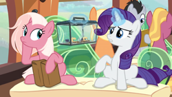 Size: 1366x768 | Tagged: safe, screencap, character:amber grain, character:fuchsia frost, character:lucky clover, character:rarity, species:earth pony, species:pony, species:unicorn, episode:the last problem, g4, my little pony: friendship is magic, bag, box, female, fire flicker, friendship student, glass, levitation, magic, magic aura, male, mare, miniature, saddle bag, seat, sewing machine, spider, spider web, stallion, star spider, telekinesis, terrarium, train, travel bag