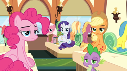 Size: 1366x768 | Tagged: safe, screencap, character:applejack, character:lemon hearts, character:pinkie pie, character:rarity, species:pony, episode:the last problem, g4, my little pony: friendship is magic, box, cage, curtains, glass, lamp, looking at you, really?, seat, unamused, window