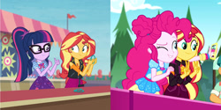 Size: 2160x1080 | Tagged: safe, screencap, character:pinkie pie, character:sunset shimmer, character:twilight sparkle, character:twilight sparkle (scitwi), species:eqg human, equestria girls:rollercoaster of friendship, equestria girls:sunset's backstage pass, g4, my little pony:equestria girls, cellphone, doodle bug, female, geode of empathy, geode of sugar bombs, glasses, magical geodes, male, offscreen character, phone, ponytail, smartphone