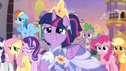 Size: 1366x768 | Tagged: safe, screencap, character:applejack, character:fluttershy, character:pinkie pie, character:rainbow dash, character:rarity, character:spike, character:starlight glimmer, character:twilight sparkle, character:twilight sparkle (alicorn), species:alicorn, species:dragon, species:pony, episode:the last problem, g4, my little pony: friendship is magic, clothing, coronation dress, crown, crying, cute, dress, electric fan, end of ponies, flying, happy, jewelry, liquid pride, mane six, princess, regalia, sash, second coronation dress, tears of joy, tower, winged spike
