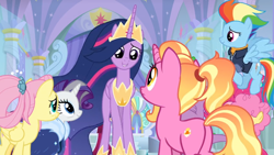 Size: 1364x768 | Tagged: safe, screencap, character:fluttershy, character:li'l cheese, character:luster dawn, character:rainbow dash, character:rarity, character:twilight sparkle, character:twilight sparkle (alicorn), species:alicorn, species:pony, episode:the last problem, g4, my little pony: friendship is magic, archway, column, crown, jewelry, older, older fluttershy, older rainbow dash, older rarity, older twilight, peytral, princess twilight 2.0, regalia, stained glass, throne room