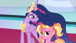 Size: 1366x768 | Tagged: safe, screencap, character:luster dawn, character:twilight sparkle, character:twilight sparkle (alicorn), species:alicorn, species:pony, episode:the last problem, g4, my little pony: friendship is magic, carpet, crown, jewelry, older, older twilight, peytral, princess twilight 2.0, regalia, teacher and student