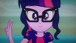 Size: 2560x1440 | Tagged: safe, screencap, character:twilight sparkle, character:twilight sparkle (scitwi), species:eqg human, episode:i'm on a yacht, g4, my little pony:equestria girls, looking at you, peace sign, solo