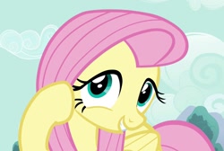 Size: 1071x720 | Tagged: safe, screencap, character:fluttershy, species:pegasus, species:pony, episode:it ain't easy being breezies, g4, my little pony: friendship is magic, bashful, cute, female, mare, shyabetes, smiling, solo