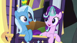 Size: 1920x1080 | Tagged: safe, screencap, character:starlight glimmer, character:trixie, species:pony, species:unicorn, episode:on the road to friendship, carriage, female, magic, mare, open mouth, singing, trixie's wagon, wagon, we're friendship bound