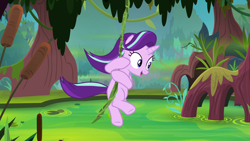 Size: 1920x1080 | Tagged: safe, screencap, character:starlight glimmer, species:pony, species:unicorn, episode:on the road to friendship, female, mare, open mouth, solo, swamp, swinging, vine, we're friendship bound