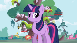 Size: 1280x720 | Tagged: safe, screencap, character:twilight sparkle, character:twilight sparkle (unicorn), species:pony, species:unicorn, balcony, beehive, cloud, door, fence, flower, golden oaks library, home, lantern, library, opening, ponyville, smiling, solo, sparkles, tree, treehouse, window