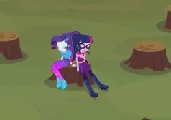 Size: 327x229 | Tagged: safe, screencap, character:rarity, character:twilight sparkle, character:twilight sparkle (scitwi), species:eqg human, episode:wake up!, g4, my little pony:equestria girls, clothing, cropped, cute, eyes closed, glasses, grass, music festival outfit, open mouth, ponytail, sitting, sleeping, tree stump