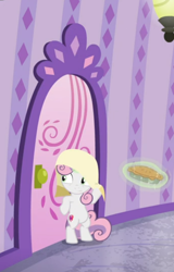 Size: 448x702 | Tagged: safe, screencap, character:sweetie belle, species:pony, species:unicorn, episode:the big mac question, g4, my little pony: friendship is magic, bipedal, bipedal leaning, cropped, door, female, filly, food, glowing horn, horn, leaning, levitation, magic, pie, solo, telekinesis, towel