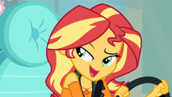 Size: 1920x1080 | Tagged: safe, screencap, character:sunset shimmer, episode:driving miss shimmer, g4, my little pony:equestria girls, cute, driving miss shimmer: fluttershy, female, fluttershy's car, geode of empathy, magical geodes, open mouth, seatbelt, shimmerbetes, smiling, solo, steering wheel
