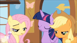 Size: 1280x720 | Tagged: safe, screencap, character:applejack, character:fluttershy, character:seabreeze, character:twilight sparkle, character:twilight sparkle (alicorn), species:alicorn, species:breezies, species:earth pony, species:pegasus, species:pony, episode:it ain't easy being breezies, g4, my little pony: friendship is magic, animated, blushing, female, fluttershy's cottage, implied swearing, male, mare, sound, webm