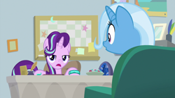 Size: 1920x1080 | Tagged: safe, screencap, character:starlight glimmer, character:trixie, species:pony, episode:student counsel, bracelet, couch, geode, inkwell, jewelry, quill, starlight's office