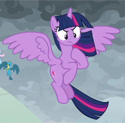 Size: 936x922 | Tagged: safe, screencap, character:gallus, character:twilight sparkle, character:twilight sparkle (alicorn), species:alicorn, species:pony, episode:the ending of the end, g4, my little pony: friendship is magic, cropped, determined, flying, hoof on chest, solo focus, spread wings, twilight is not amused, unamused, windswept mane, wings