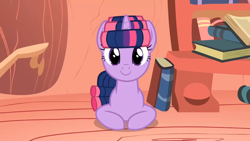 Size: 1280x720 | Tagged: safe, screencap, character:twilight sparkle, character:twilight sparkle (unicorn), species:pony, species:unicorn, episode:look before you sleep, g4, my little pony: friendship is magic, book, cute, golden oaks library, hair curlers, looking at you, ponyloaf, sitting, solo, twiabetes