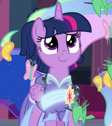 Size: 1600x1800 | Tagged: safe, screencap, character:twilight sparkle, character:twilight sparkle (alicorn), species:alicorn, species:bird, species:pony, episode:the last problem, g4, my little pony: friendship is magic, alternate hairstyle, butterfly, clothing, cropped, cute, dress, hummingbird, second coronation dress, solo, spider, star spider, twiabetes