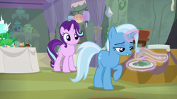 Size: 1280x720 | Tagged: safe, screencap, character:starlight glimmer, character:trixie, species:pony, species:unicorn, episode:student counsel, cute, duo, female, food, glowing horn, horn, ladle, levitation, lidded eyes, looking down, magic, magic aura, mare, meal, raised hoof, telekinesis, too cute