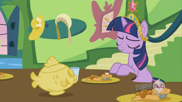 Size: 640x360 | Tagged: safe, screencap, character:spike, character:twilight sparkle, episode:keep calm and flutter on, g4, my little pony: friendship is magic, animated, bust, hub logo, portrait, soup, tureen