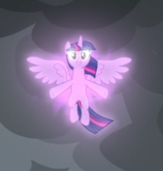 Size: 308x322 | Tagged: safe, screencap, character:twilight sparkle, character:twilight sparkle (alicorn), species:alicorn, species:pony, episode:the ending of the end, g4, my little pony: friendship is magic, cloud, cropped, dark clouds, floating, magic, magic aura, smiling, solo, spread wings, wings