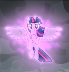 Size: 704x743 | Tagged: safe, screencap, character:twilight sparkle, character:twilight sparkle (alicorn), species:alicorn, species:pony, episode:the ending of the end, g4, my little pony: friendship is magic, cropped, floating, happy, hooves to the chest, magic, magic aura, smiling, solo, spread wings, windswept mane, wings