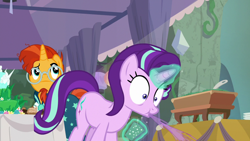 Size: 1280x720 | Tagged: safe, screencap, character:starlight glimmer, character:sunburst, species:pony, episode:student counsel, spit take