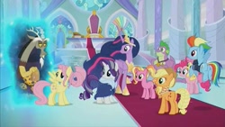 Size: 1777x999 | Tagged: safe, screencap, character:applejack, character:discord, character:fluttershy, character:li'l cheese, character:luster dawn, character:pinkie pie, character:rainbow dash, character:rarity, character:spike, character:twilight sparkle, character:twilight sparkle (alicorn), species:alicorn, species:pony, episode:the last problem, g4, my little pony: friendship is magic, gigachad spike, mane seven, mane six, older, older applejack, older fluttershy, older mane seven, older mane six, older pinkie pie, older rainbow dash, older rarity, older spike, older twilight, portal, princess twilight 2.0