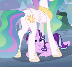 Size: 771x718 | Tagged: safe, screencap, character:princess celestia, character:starlight glimmer, species:pony, episode:the ending of the end, g4, my little pony: friendship is magic, butt, cropped, laying on stomach, looking up, lying down, momlestia, out of context, plot, protecting, scorch mark, tallestia