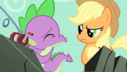 Size: 1280x720 | Tagged: safe, screencap, character:applejack, character:spike, species:dragon, species:earth pony, species:pony, episode:a dog and pony show, g4, my little pony: friendship is magic, season 1, animated, cloud, female, fishing rod, kissy face, male, mare, out of context, rock, shipping fuel, sky, sound, webm