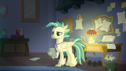 Size: 1280x720 | Tagged: safe, screencap, character:terramar, species:classical hippogriff, species:hippogriff, episode:student counsel, book, jewelry, lamp, male, map, necklace, silverstream's room, solo