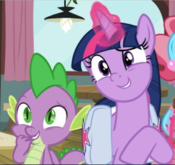 Size: 1003x941 | Tagged: safe, screencap, character:spike, character:twilight sparkle, character:twilight sparkle (alicorn), species:alicorn, species:dragon, species:pony, episode:a trivial pursuit, g4, my little pony: friendship is magic, amused, baby dragon, claws, cropped, cute, duo focus, female, glowing horn, green eyes, grin, hand over mouth, levitation, looking at someone, magic, magic aura, male, mare, obscured face, offscreen character, purple eyes, raised eyebrow, raised hoof, saddle bag, slit eyes, smiling, smirk, spikabetes, telekinesis, twiabetes, winged spike
