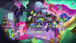 Size: 1920x1080 | Tagged: safe, screencap, character:pinkie pie, character:spike, character:twilight sparkle, character:twilight sparkle (alicorn), species:alicorn, species:dragon, species:earth pony, species:pony, episode:the last problem, g4, my little pony: friendship is magic, balloon, bow, box, cake, candy, candy cane, confused, cupcake, disco ball, female, file, file cabinet, food, gift box, graph, gumdrop, happy, male, mare, mint, party cave, ribbon, smiling, traffic cone, winged spike, wrapping paper