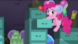 Size: 1920x1080 | Tagged: safe, screencap, character:pinkie pie, species:earth pony, species:pony, episode:the last problem, g4, my little pony: friendship is magic, balloon, cake, female, file, file cabinet, food, happy, heart balloon, mare, party cave, smiling, solo, wrapping paper