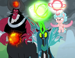 Size: 1364x1062 | Tagged: safe, screencap, character:cozy glow, character:lord tirek, character:queen chrysalis, species:alicorn, species:centaur, species:changeling, species:pony, episode:the ending of the end, g4, my little pony: friendship is magic, alicornified, armor, cozycorn, cropped, female, filly, flying, glowing horn, horn, magic, magic ball, male, powering up, race swap, trio, uh oh, ultimate chrysalis, well fuck