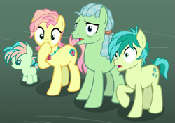 Size: 963x683 | Tagged: safe, screencap, character:sandbar, species:earth pony, species:pony, episode:the ending of the end, g4, my little pony: friendship is magic, baby, baby pony, beachcomber (g4), brother and sister, coral currents, cropped, father and child, father and daughter, father and son, female, filly, gasp, high tide (g4), hoof over mouth, husband and wife, male, mare, mother and child, mother and daughter, mother and son, raised hoof, sandbar's family, siblings, stallion, surprised, teenager, worried