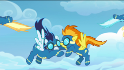 Size: 1920x1080 | Tagged: safe, screencap, character:soarin', character:spitfire, species:pegasus, species:pony, episode:the last problem, g4, my little pony: friendship is magic, clothing, cloud, crash, fail, female, flying, majestic as fuck, male, mare, stallion, uniform, wonderbolts, wonderbolts uniform